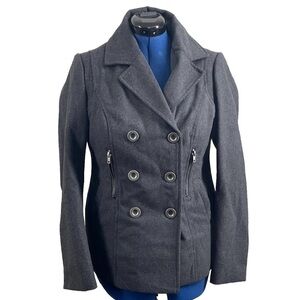 Say What Women's Gray Double Breasted  Pea Coat With Zipper Details Size Lrg